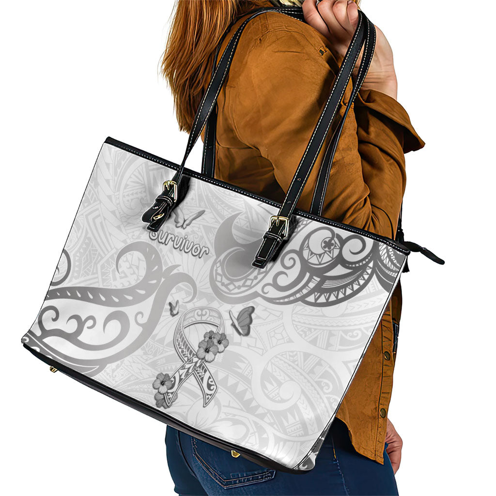 Brain Cancer Support Leather Tote Bag Ribbon Polynesian Pattern