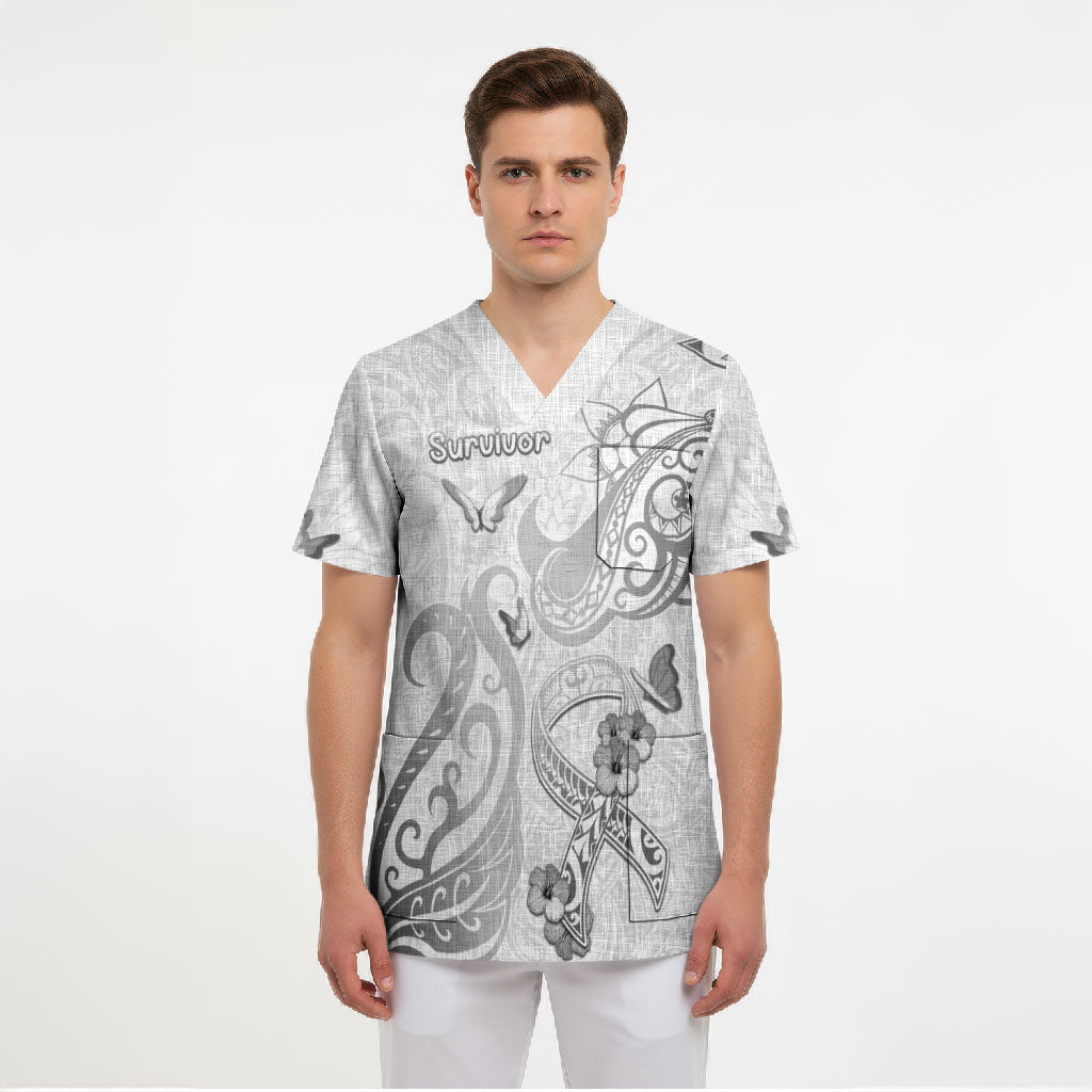 Personalised Brain Cancer Support Scrub Top Ribbon Polynesian Pattern