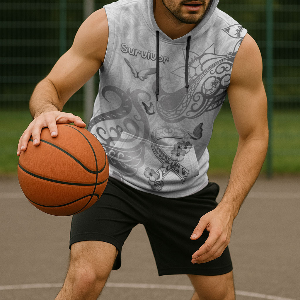 Personalised Brain Cancer Support Sleeveless Hoodie Ribbon Polynesian Pattern