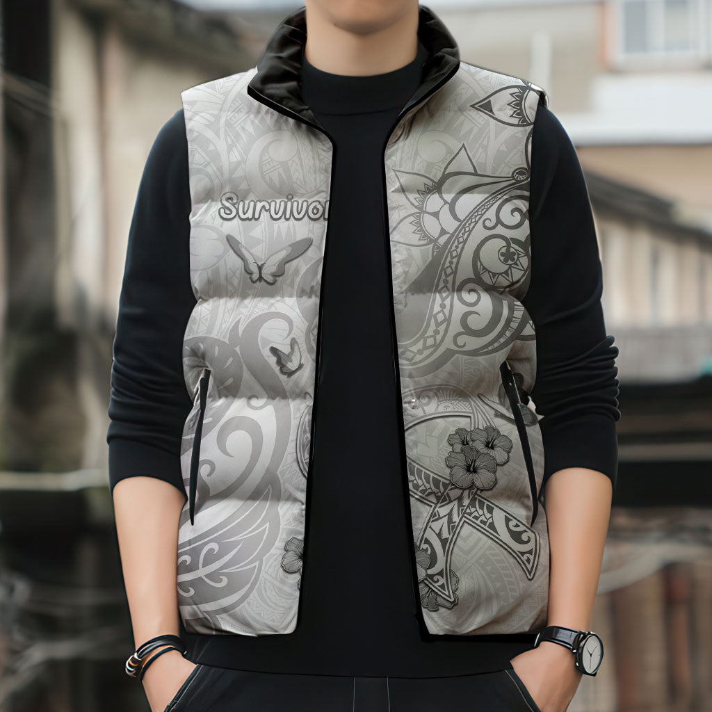 Personalised Brain Cancer Support Sleeveless Puffer Jacket Ribbon Polynesian Pattern
