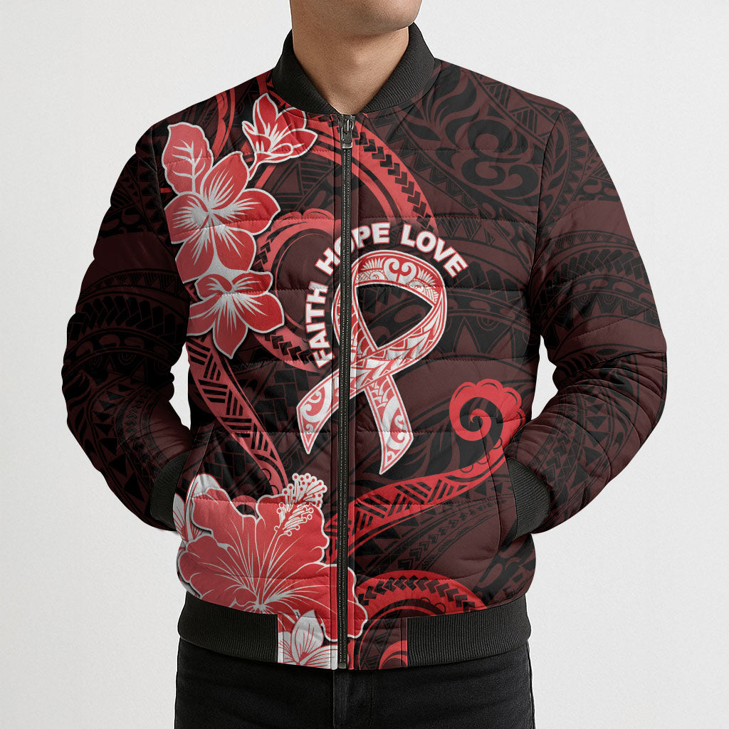 Heart Health Support Bomber Puffer Jacket Warrior Wears Red Polynesian Style