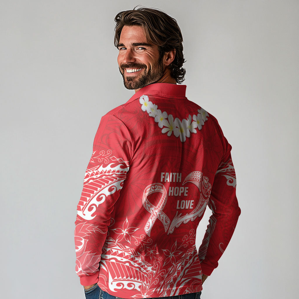 Heart Health Support Long Sleeve Polo Shirt Polynesian Red Ribbon