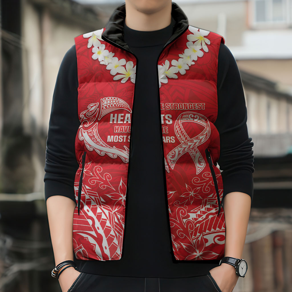 Heart Health Support Sleeveless Puffer Jacket Polynesian Red Ribbon
