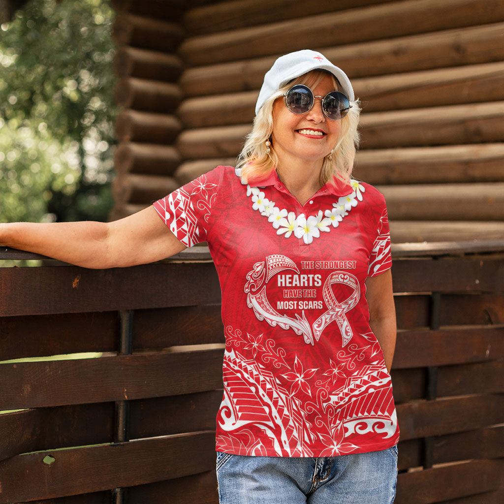 Heart Health Support Women Polo Shirt Polynesian Red Ribbon