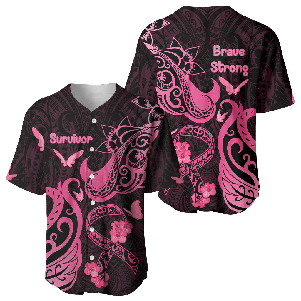 Breast Cancer Baseball Jersey Ribbon Polynesian Pattern Black Version