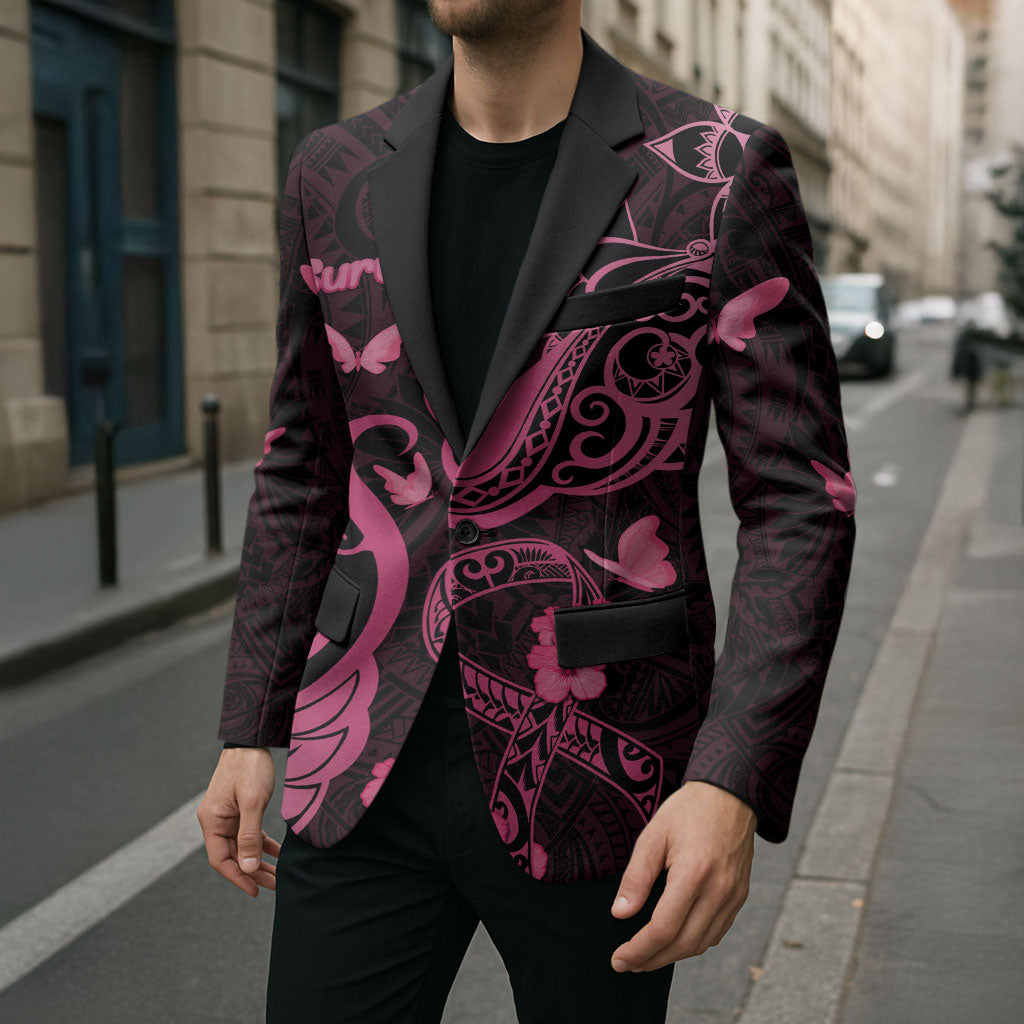 Breast Cancer Blazer Ribbon Polynesian Pattern Black Version