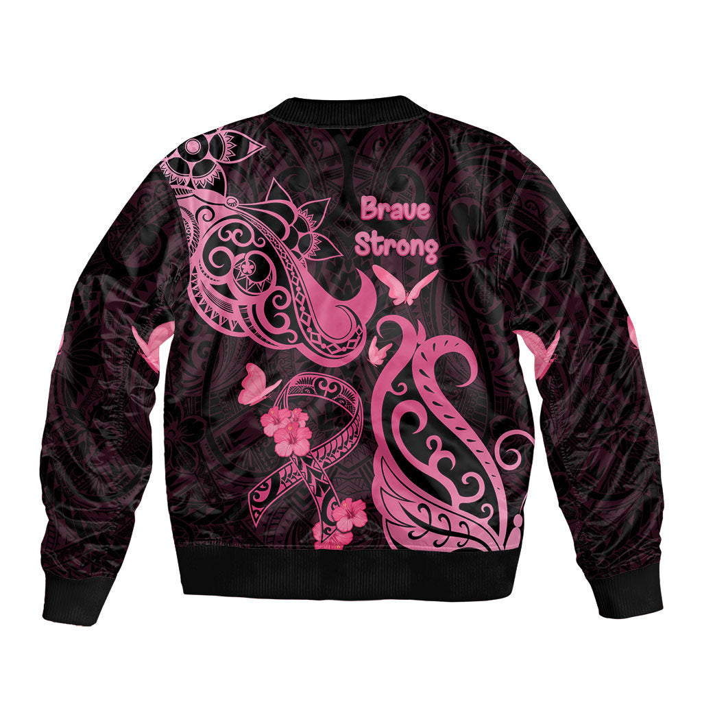 Breast Cancer Bomber Jacket Ribbon Polynesian Pattern Black Version