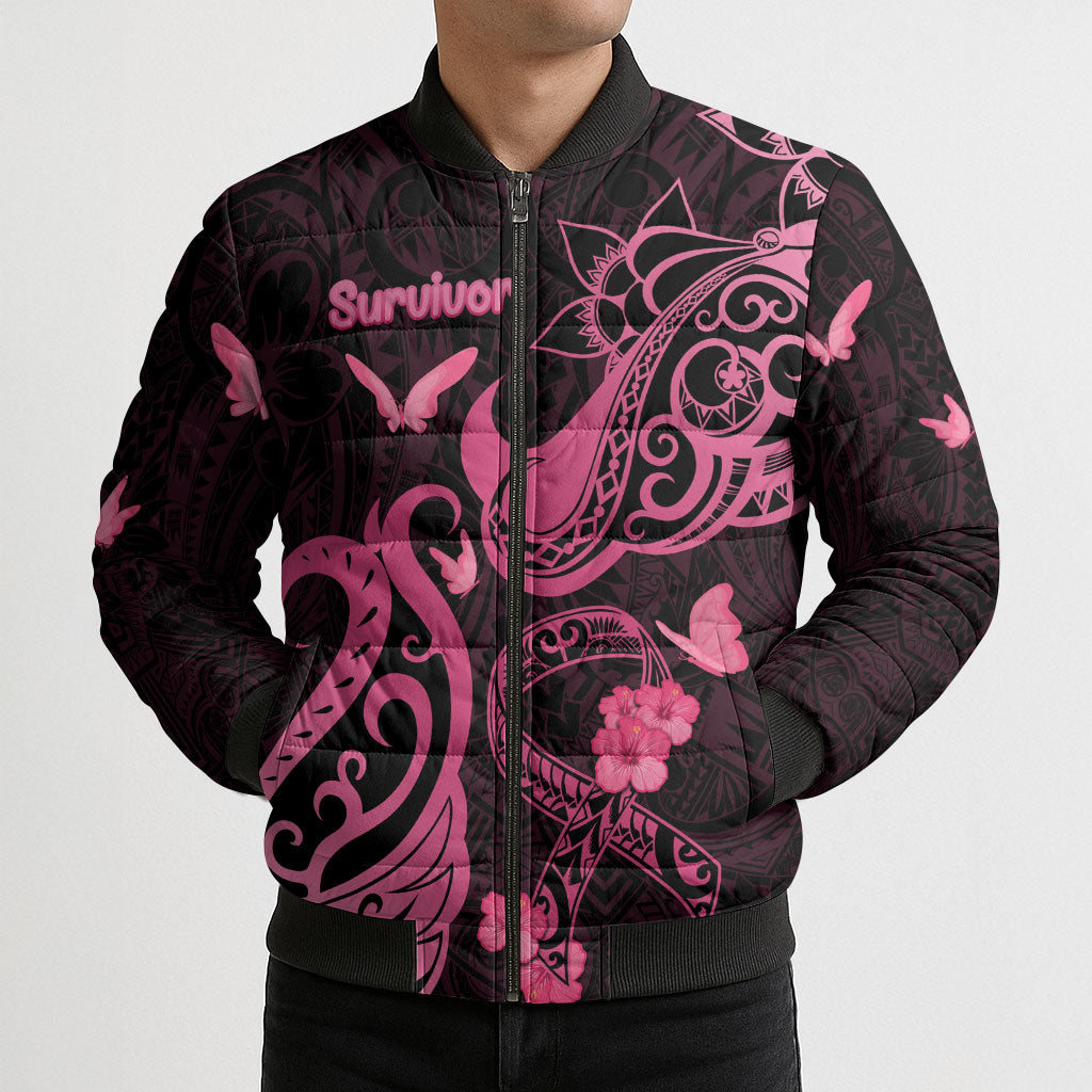 Breast Cancer Bomber Puffer Jacket Ribbon Polynesian Pattern Black Version