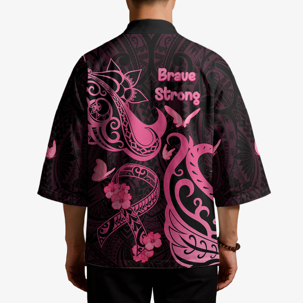 Breast Cancer Kimono Ribbon Polynesian Pattern Black Version