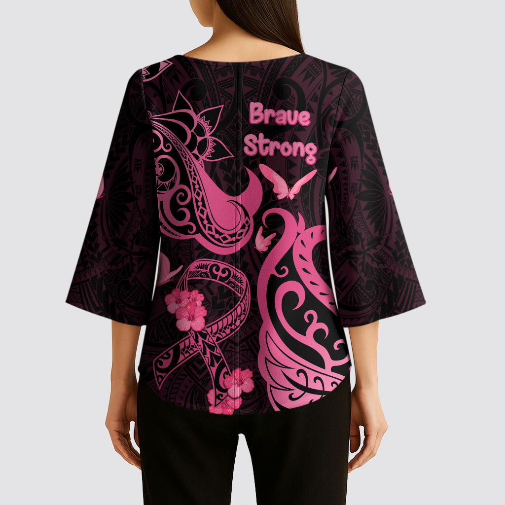 Breast Cancer Kimono Sleeve Blouse Ribbon Polynesian Pattern Black Version
