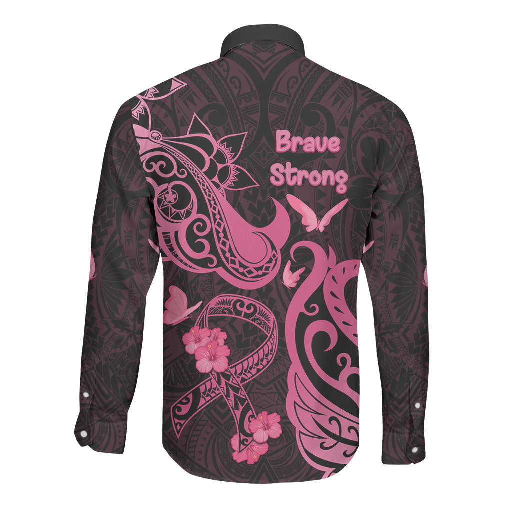 Breast Cancer Long Sleeve Button Shirt Ribbon Polynesian Pattern Black Version