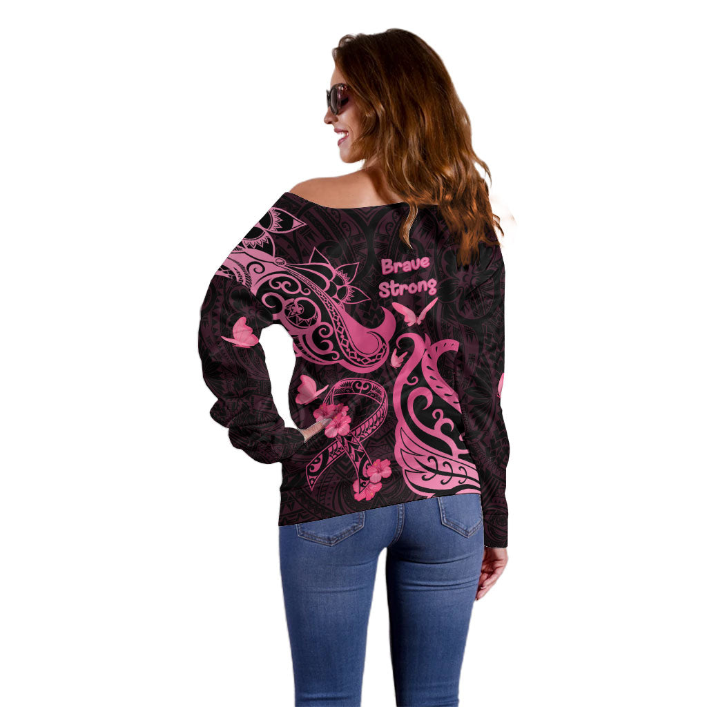 Breast Cancer Off Shoulder Sweater Ribbon Polynesian Pattern Black Version