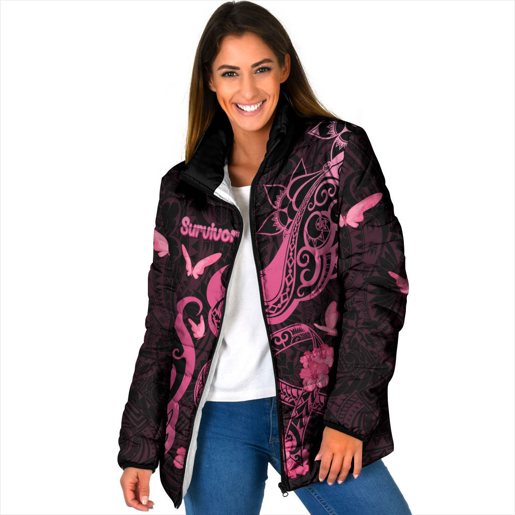 Breast Cancer Padded Jacket Ribbon Polynesian Pattern Black Version