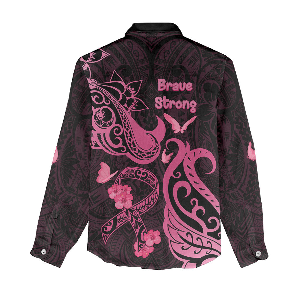 Breast Cancer Women Casual Shirt Ribbon Polynesian Pattern Black Version