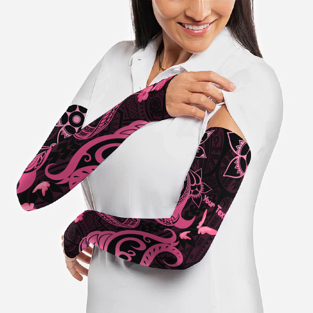 Personalized Breast Cancer Arm Sleeves Ribbon Polynesian Pattern Black Version