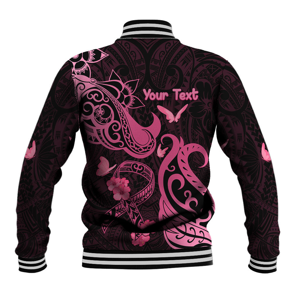 Personalized Breast Cancer Baseball Jacket Ribbon Polynesian Pattern Black Version