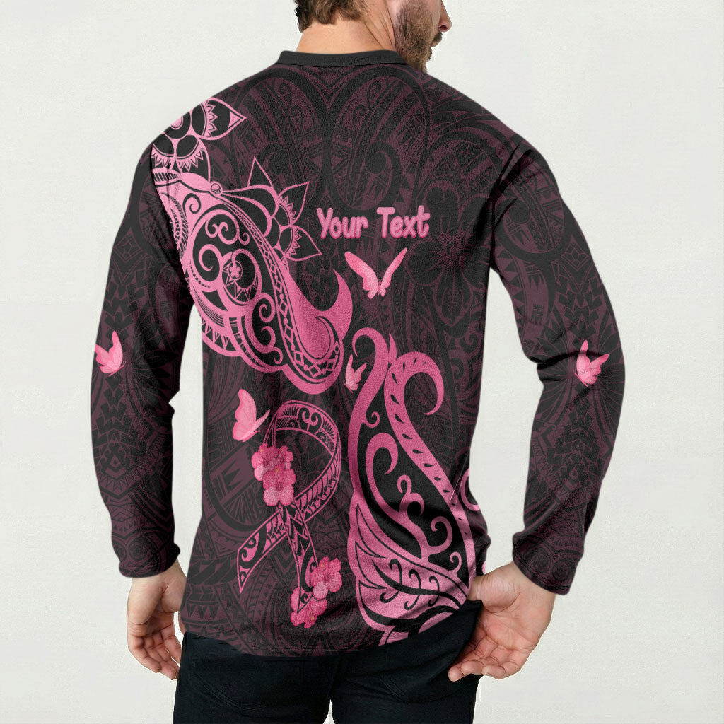 Personalized Breast Cancer Button Sweatshirt Ribbon Polynesian Pattern Black Version