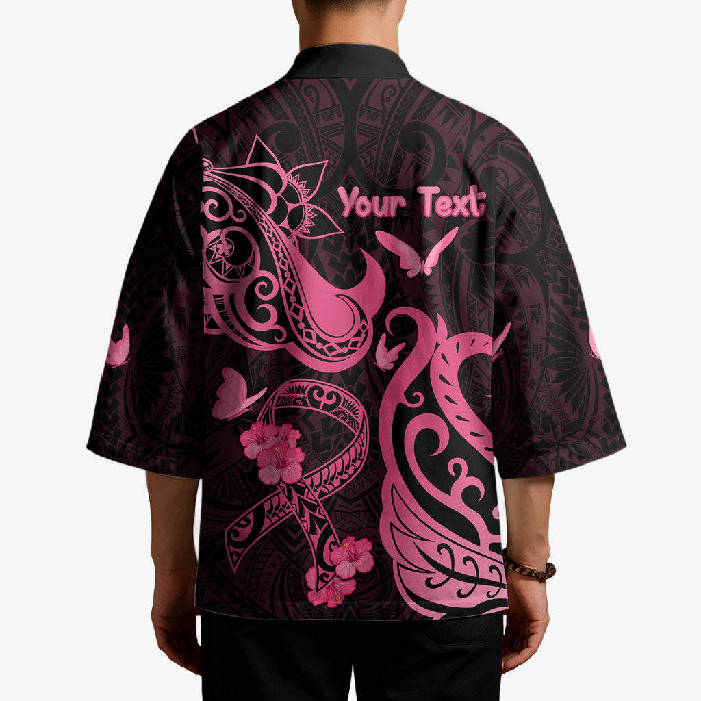Personalized Breast Cancer Kimono Ribbon Polynesian Pattern Black Version