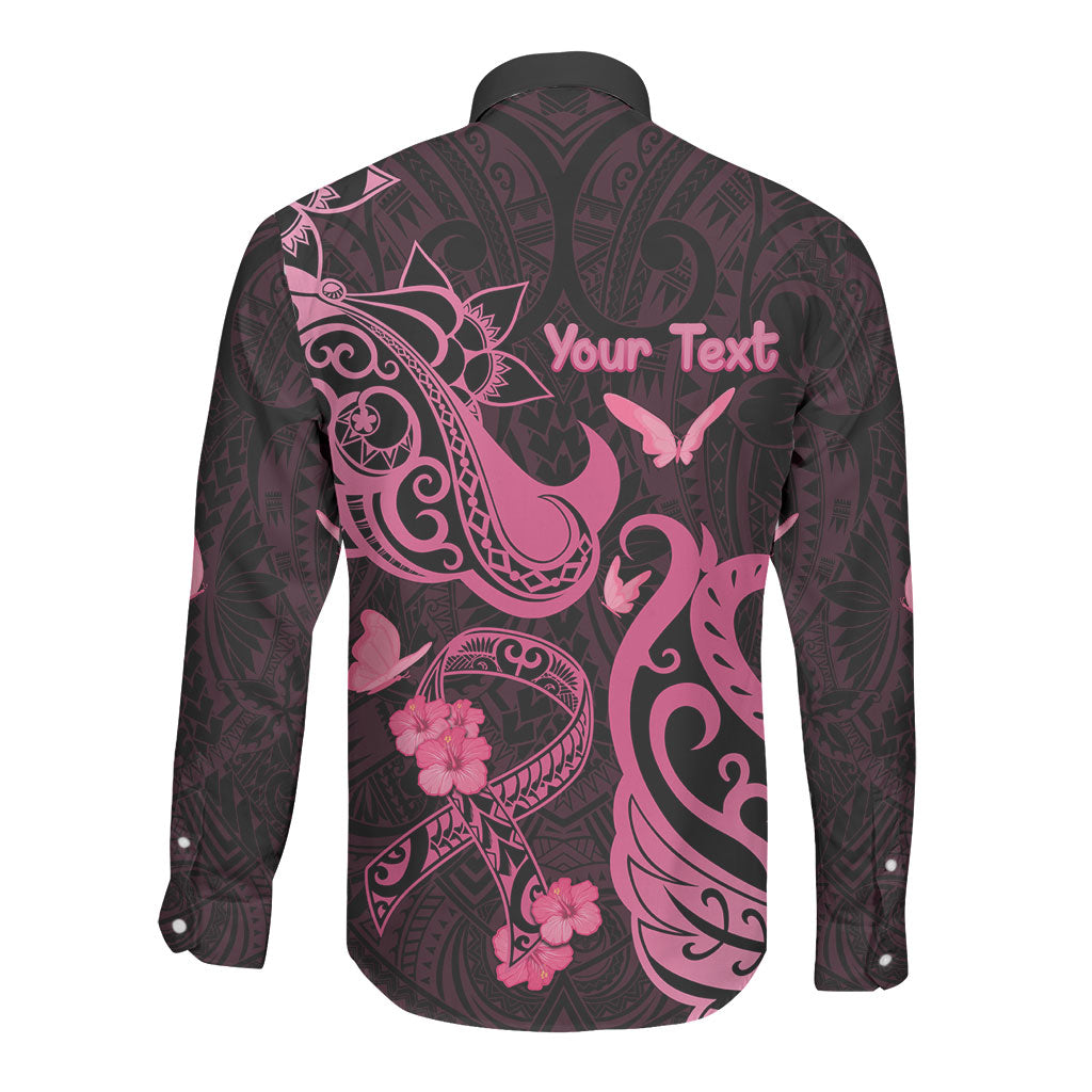 Personalized Breast Cancer Long Sleeve Button Shirt Ribbon Polynesian Pattern Black Version