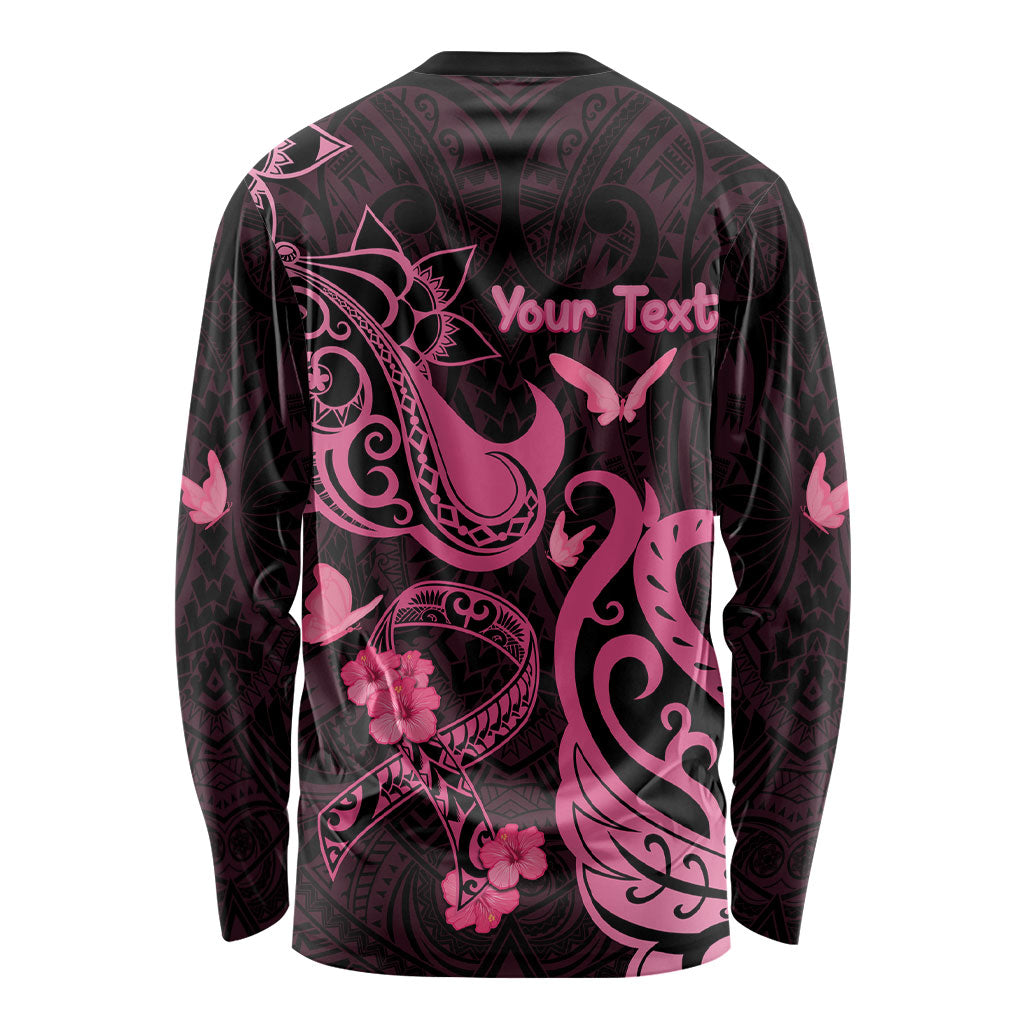 Personalized Breast Cancer Long Sleeve Shirt Ribbon Polynesian Pattern Black Version