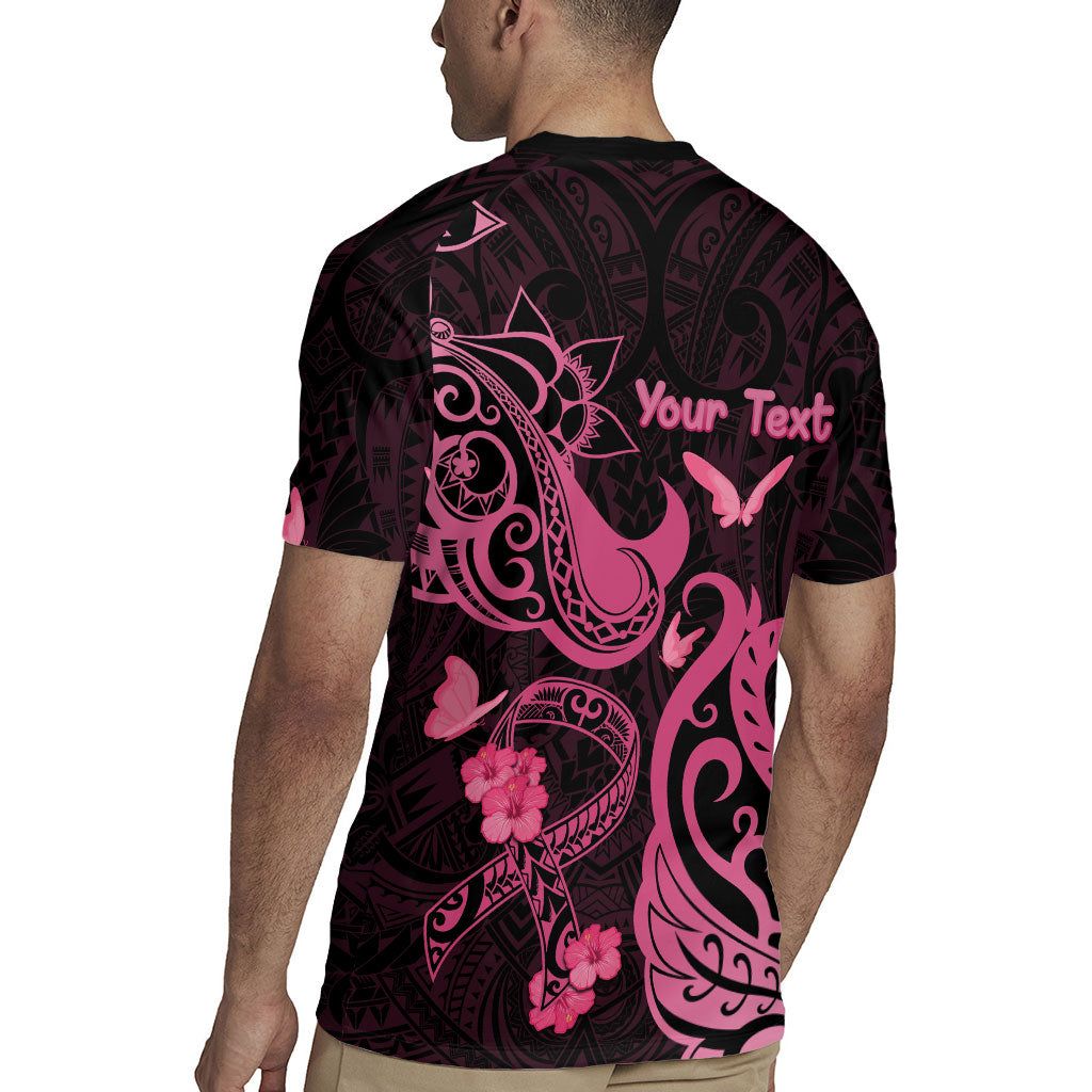 Personalized Breast Cancer Rugby Jersey Ribbon Polynesian Pattern Black Version