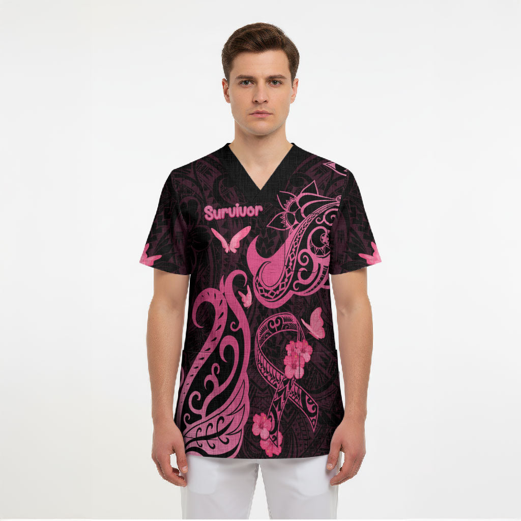 Personalized Breast Cancer Scrub Top Ribbon Polynesian Pattern Black Version