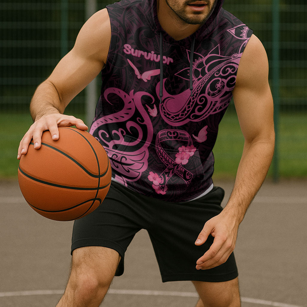 Personalized Breast Cancer Sleeveless Hoodie Ribbon Polynesian Pattern Black Version