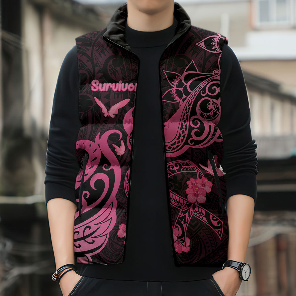Personalized Breast Cancer Sleeveless Puffer Jacket Ribbon Polynesian Pattern Black Version