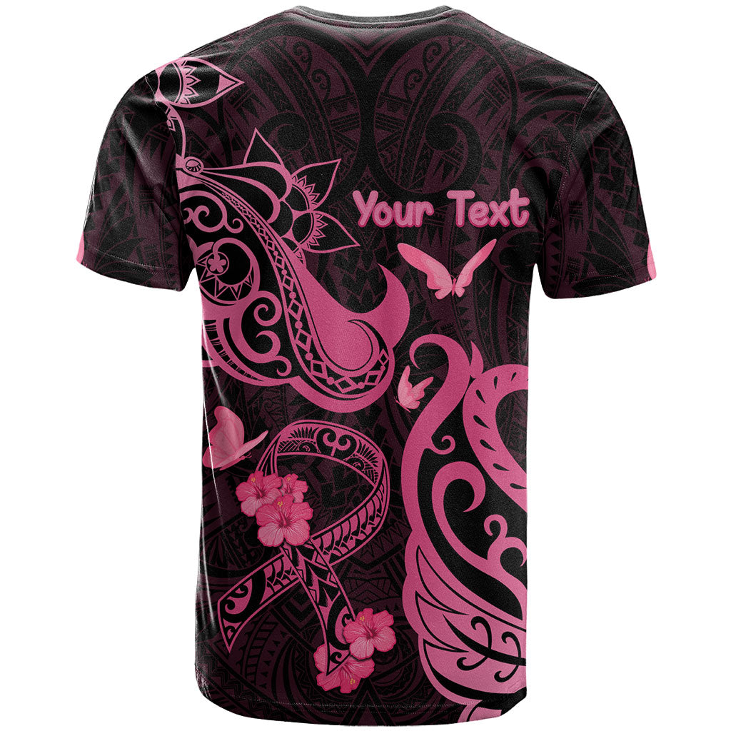 Personalized Breast Cancer T Shirt Ribbon Polynesian Pattern Black Version
