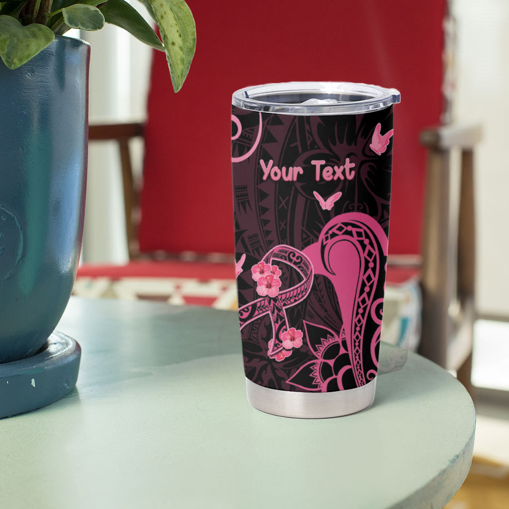 Personalized Breast Cancer Tumbler Cup Ribbon Polynesian Pattern Black Version