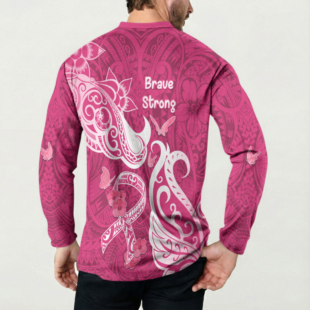 Breast Cancer Button Sweatshirt Ribbon Polynesian Pattern Pink Version