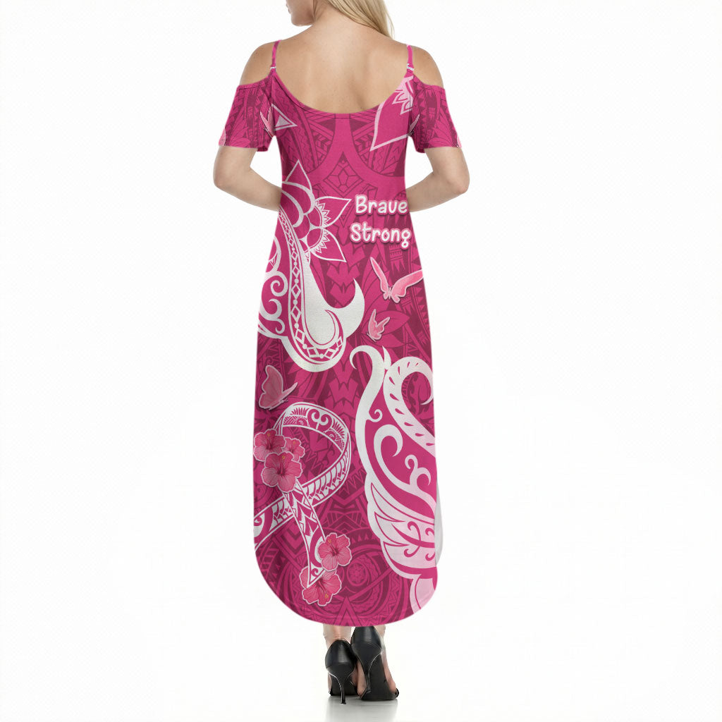 Breast Cancer Summer Maxi Dress Ribbon Polynesian Pattern Pink Version