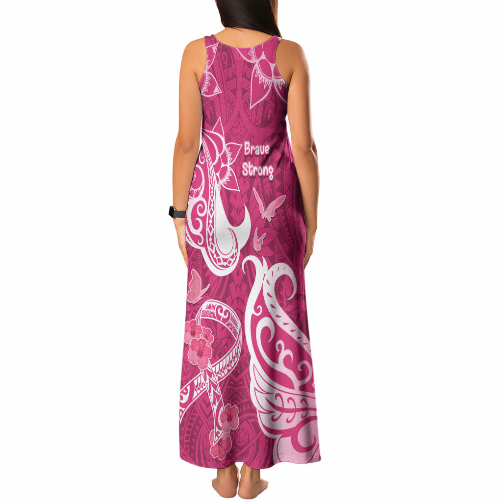 Breast Cancer Tank Maxi Dress Ribbon Polynesian Pattern Pink Version