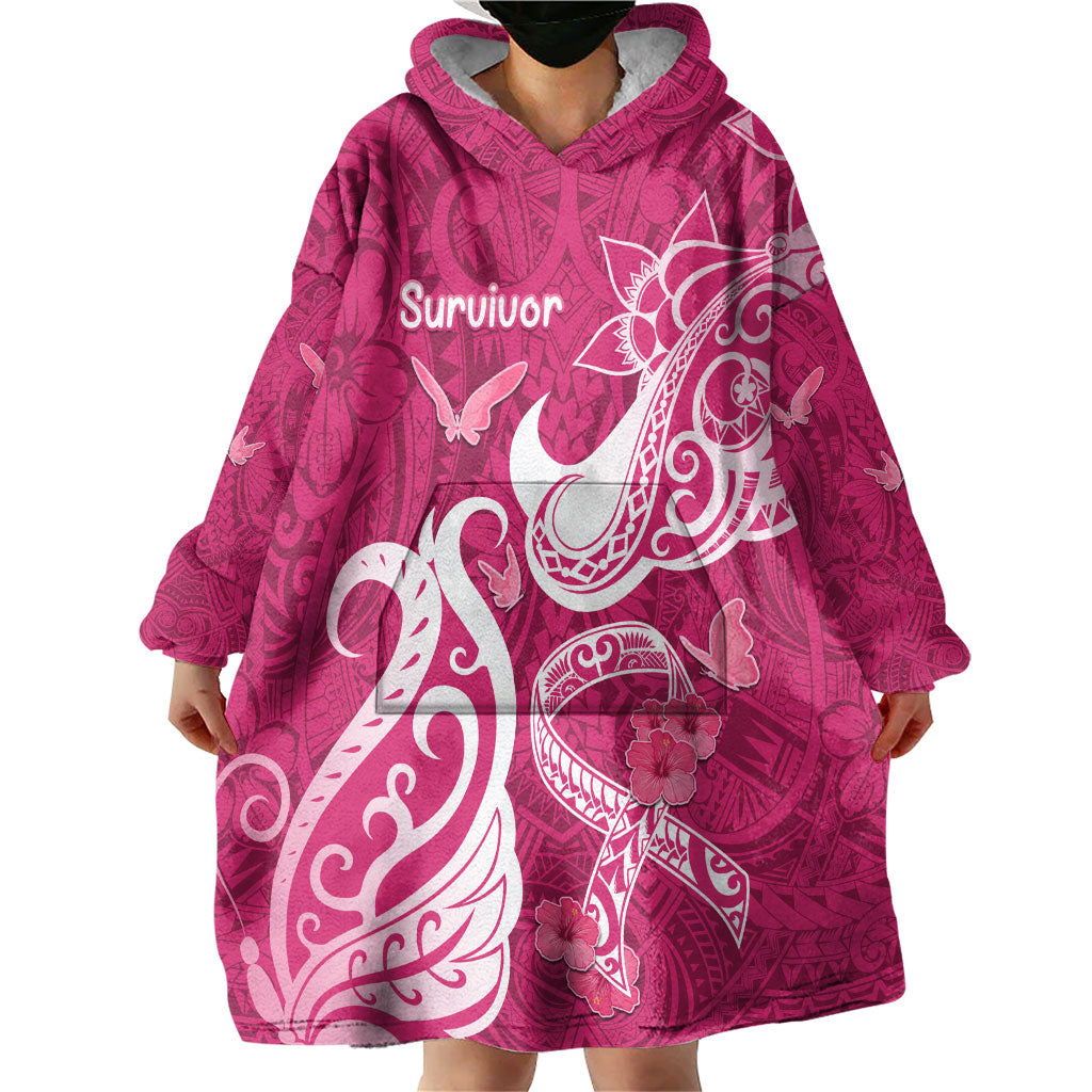 Breast Cancer Wearable Blanket Hoodie Ribbon Polynesian Pattern Pink Version
