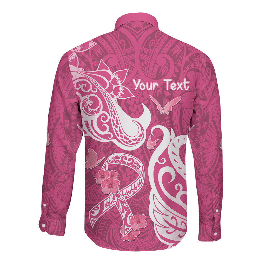 Personalized Breast Cancer Long Sleeve Button Shirt Ribbon Polynesian Pattern Pink Version