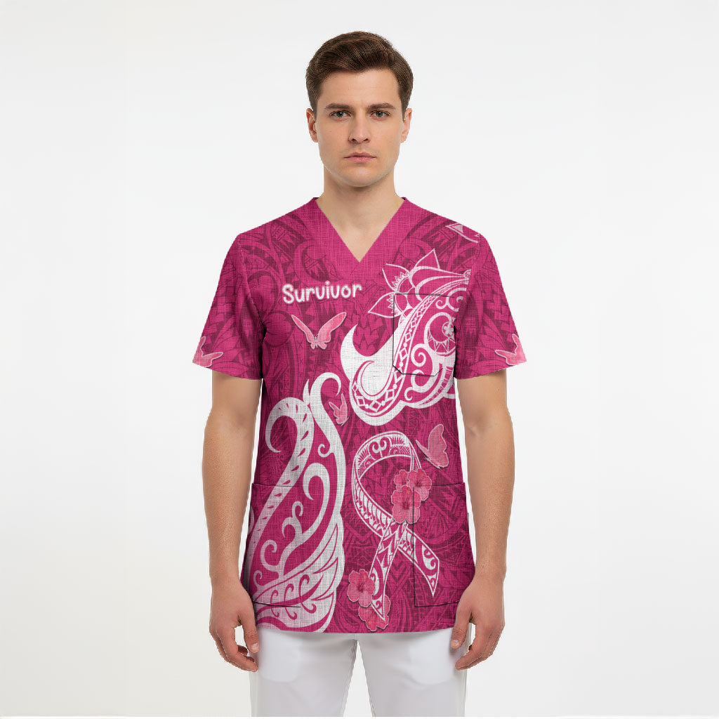 Personalized Breast Cancer Scrub Top Ribbon Polynesian Pattern Pink Version