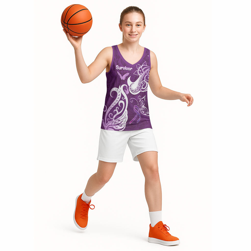 Personalised Fibromyalgia Support Basketball Jersey Polynesian Purple Ribbon