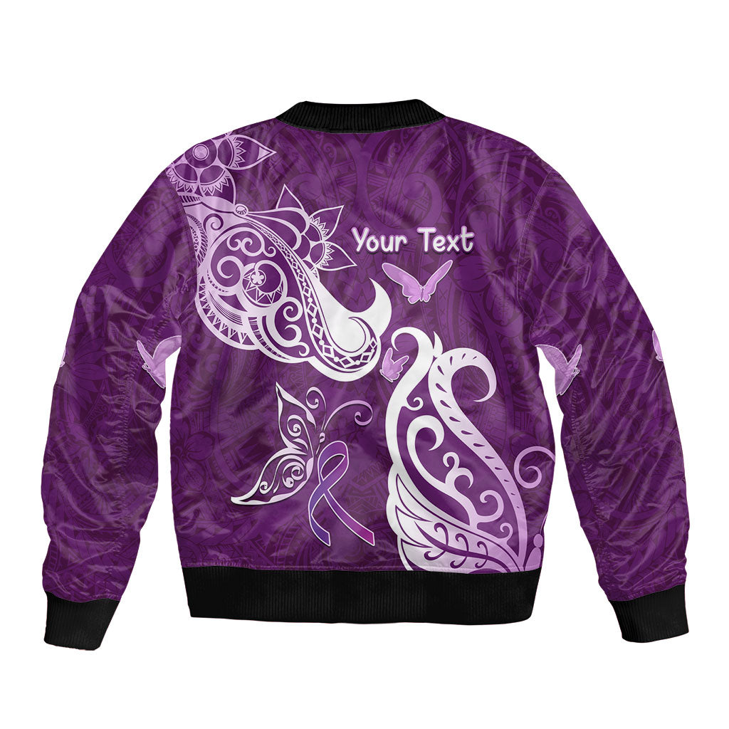 Personalised Fibromyalgia Support Bomber Jacket Polynesian Purple Ribbon