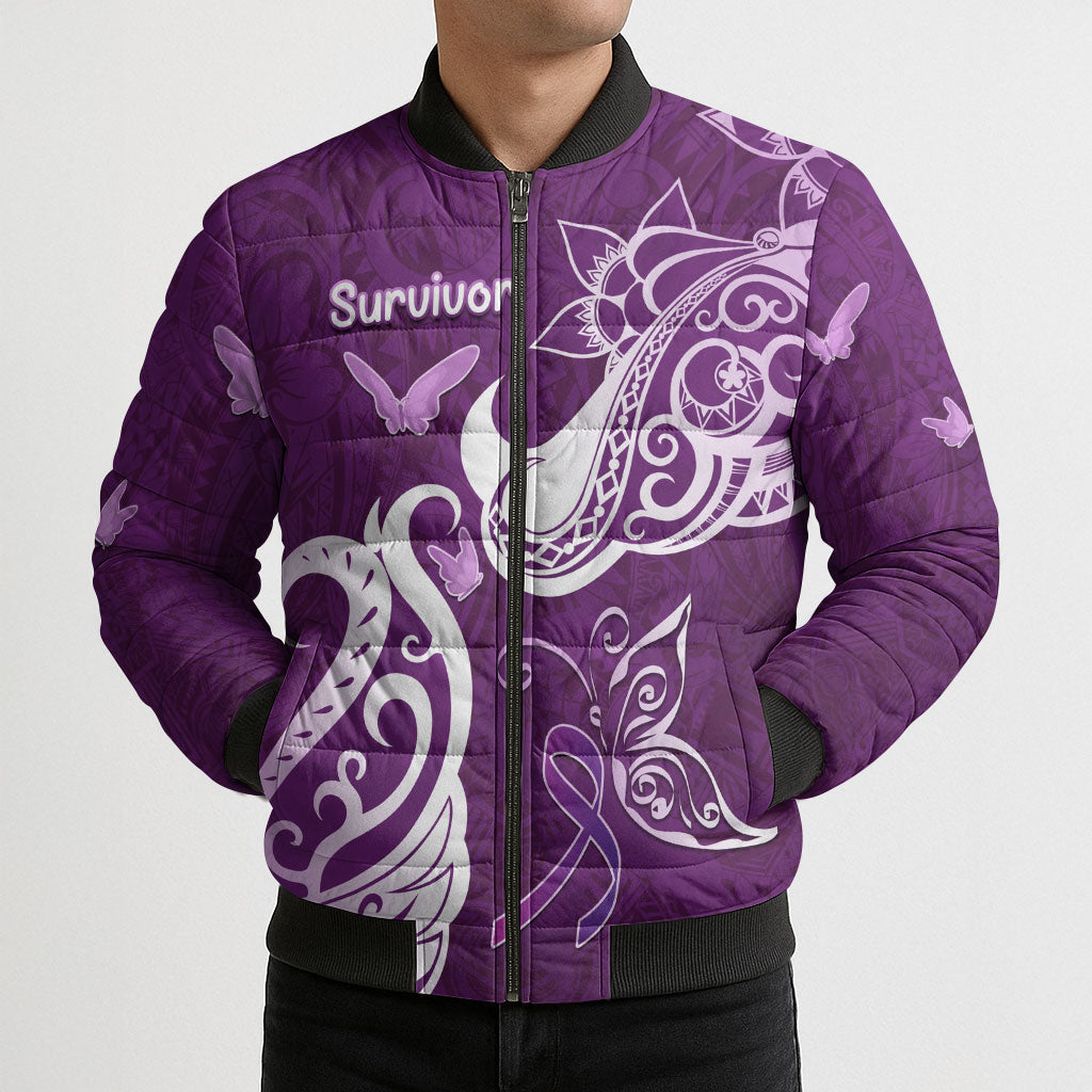 Personalised Fibromyalgia Support Bomber Puffer Jacket Polynesian Purple Ribbon