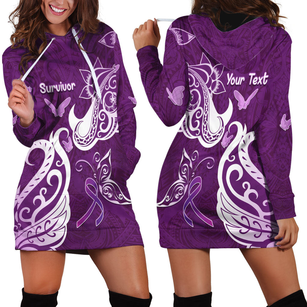 Personalised Fibromyalgia Support Hoodie Dress Polynesian Purple Ribbon