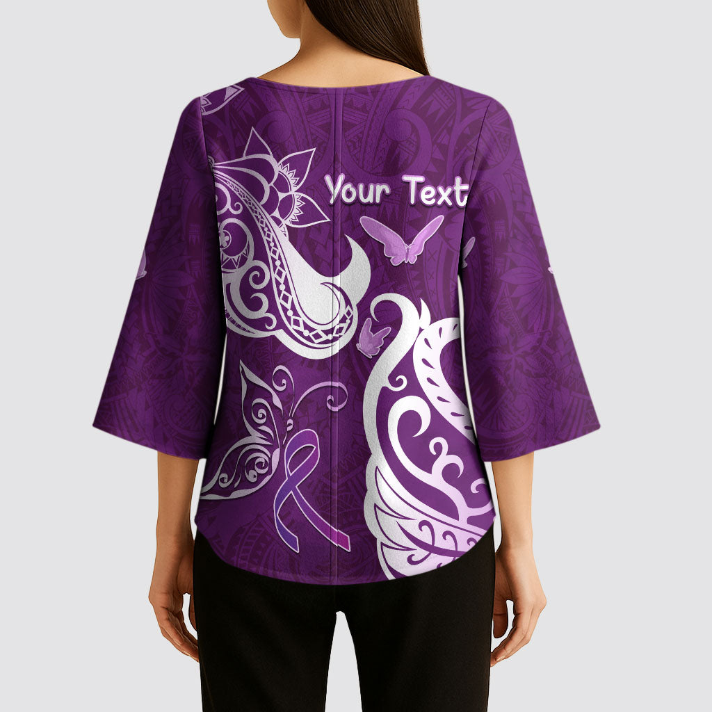 Personalised Fibromyalgia Support Kimono Sleeve Blouse Polynesian Purple Ribbon