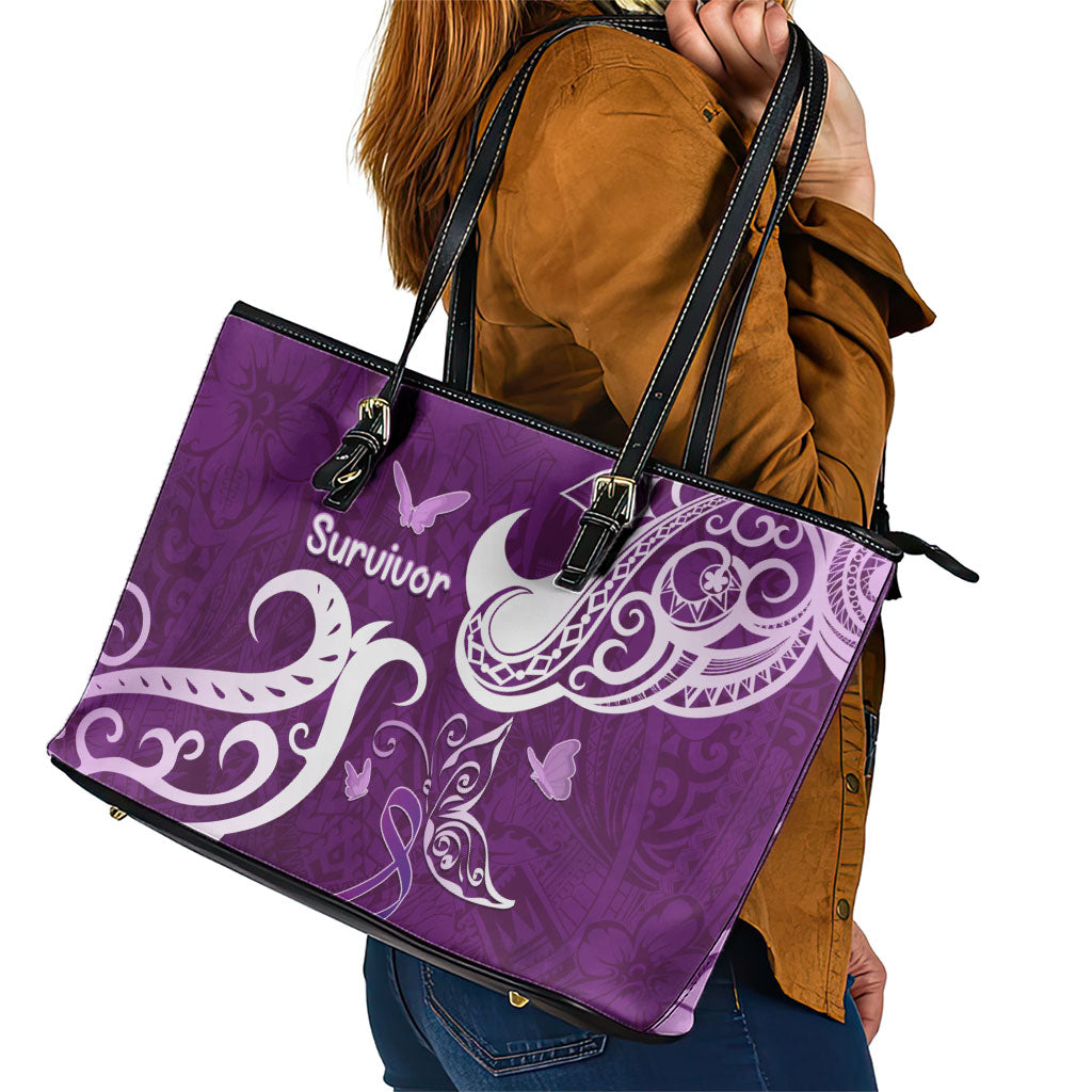 Fibromyalgia Support Leather Tote Bag Polynesian Purple Ribbon