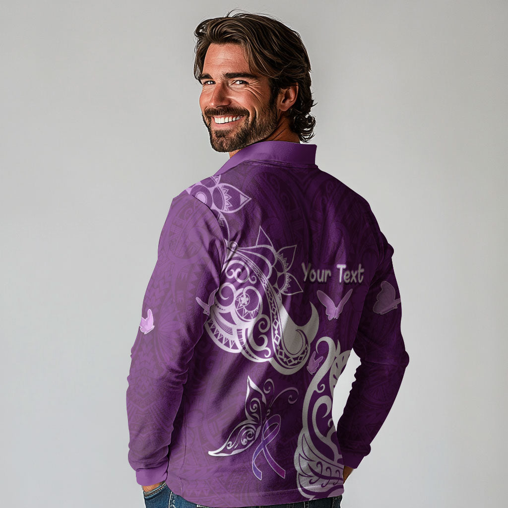 Personalised Fibromyalgia Support Long Sleeve Polo Shirt Polynesian Purple Ribbon