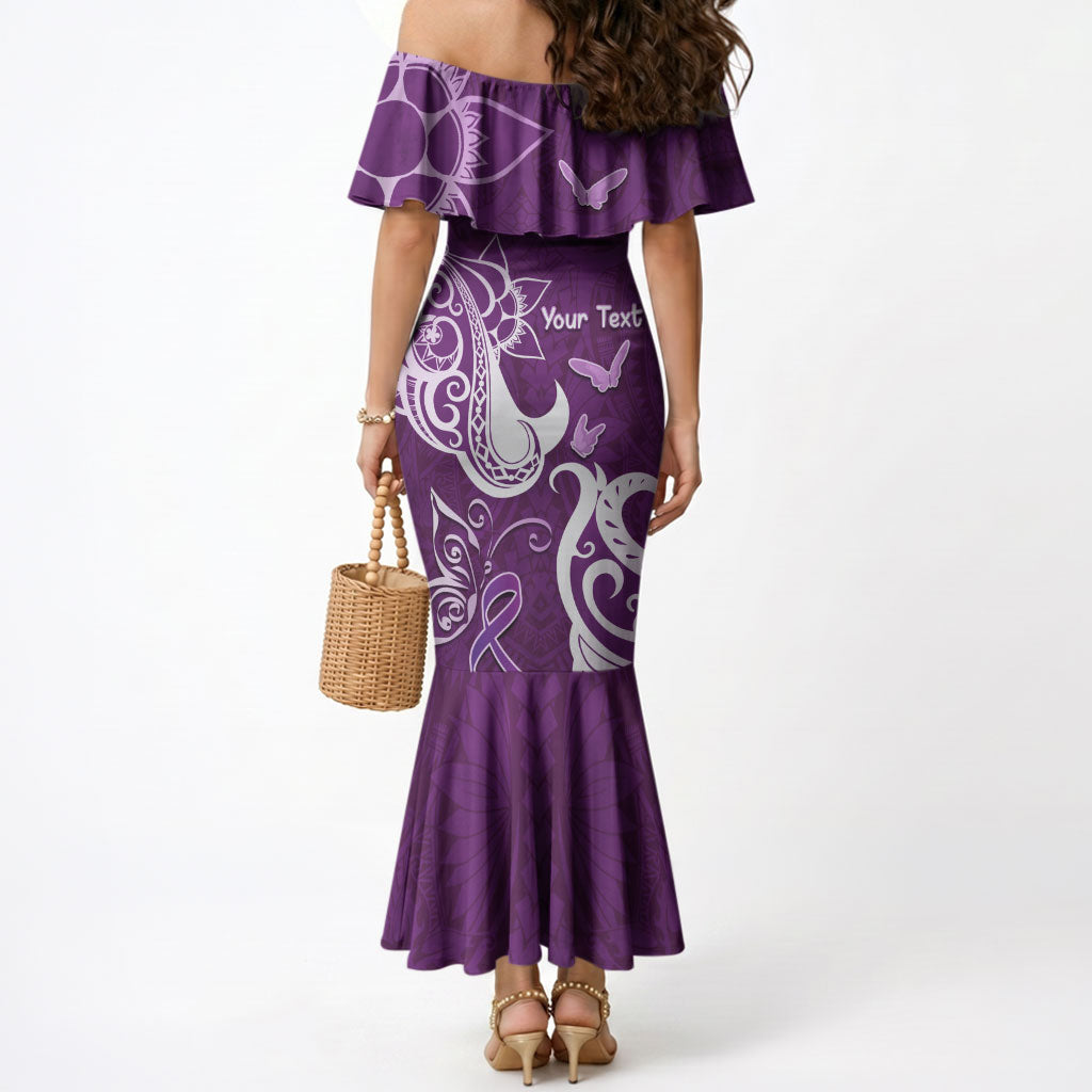 Personalised Fibromyalgia Support Mermaid Dress Polynesian Purple Ribbon