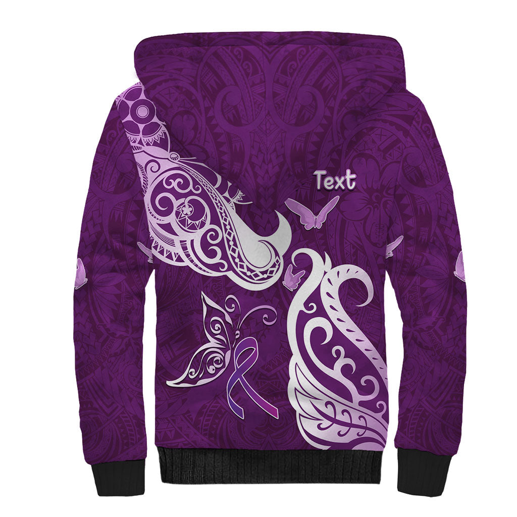 Personalised Fibromyalgia Support Sherpa Hoodie Polynesian Purple Ribbon