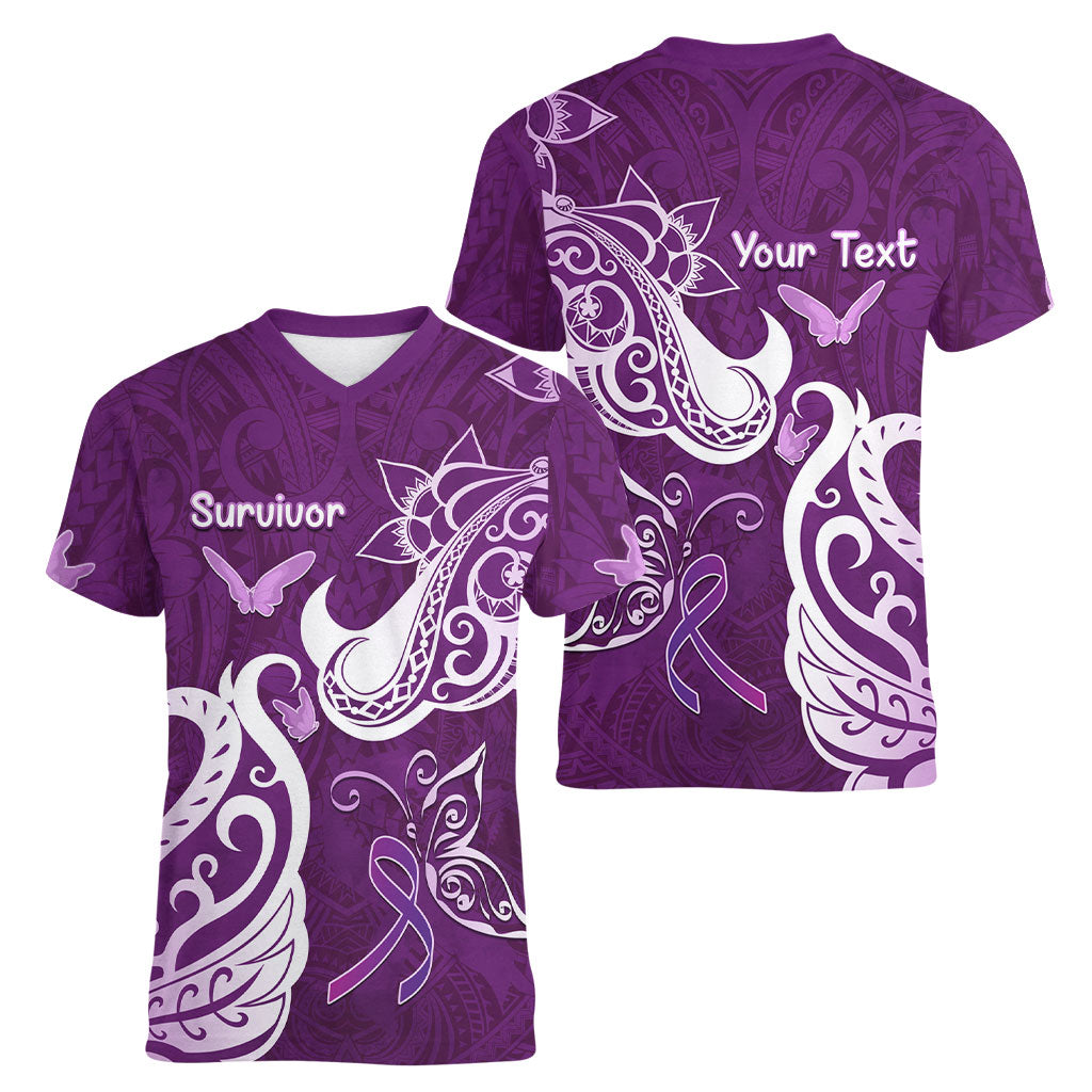 Personalised Fibromyalgia Support Women V-Neck T-Shirt Polynesian Purple Ribbon