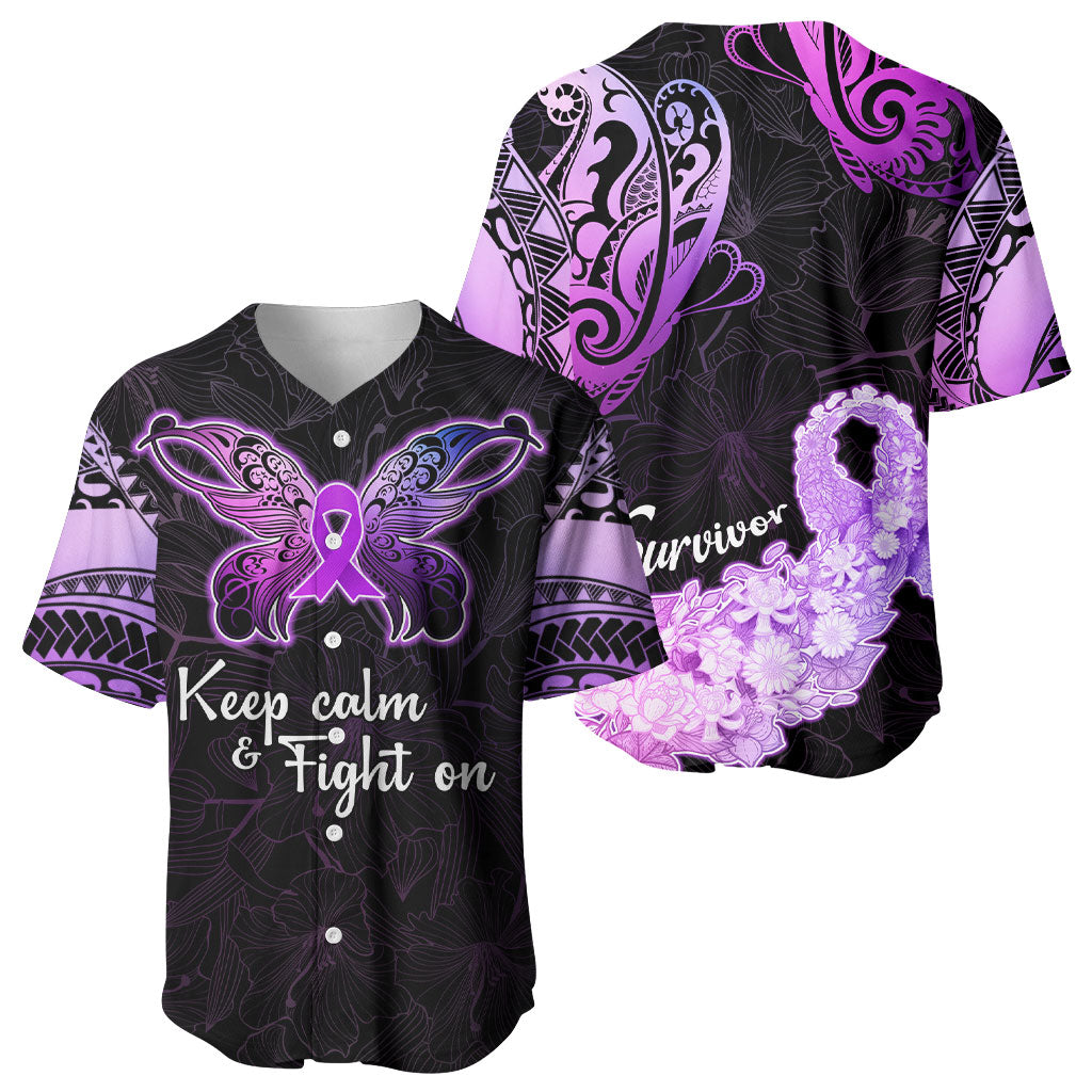 Pancreatic Cancer Support Baseball Jersey Keep Calm And Fight On Polynesian Pattern