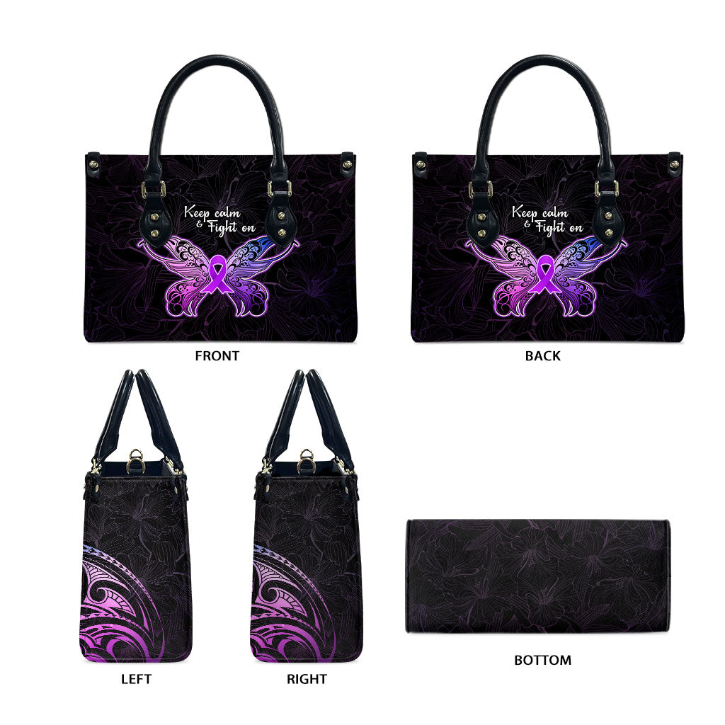 Pancreatic Cancer Support Leather Bag Keep Calm And Fight On Polynesian Pattern