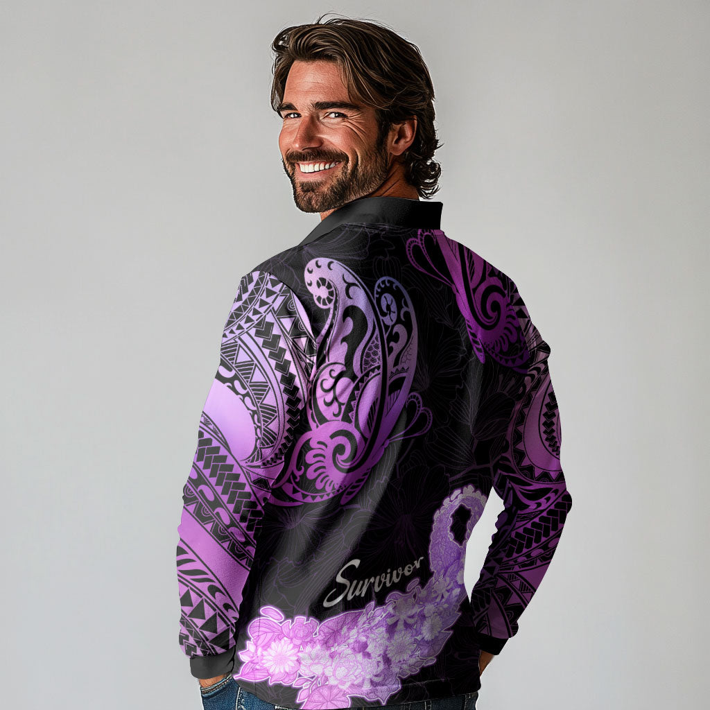 Pancreatic Cancer Support Long Sleeve Polo Shirt Keep Calm And Fight On Polynesian Pattern