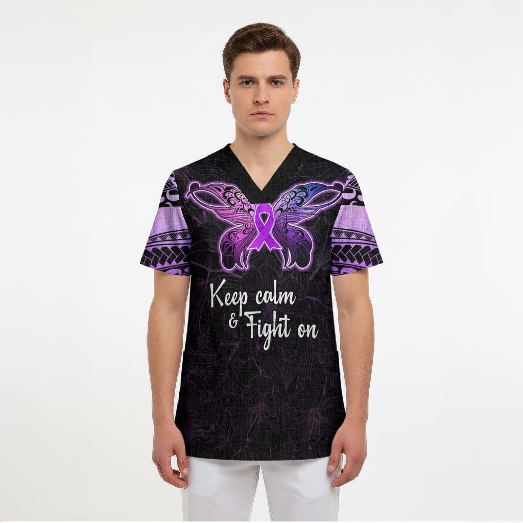 Pancreatic Cancer Support Scrub Top Keep Calm And Fight On Polynesian Pattern